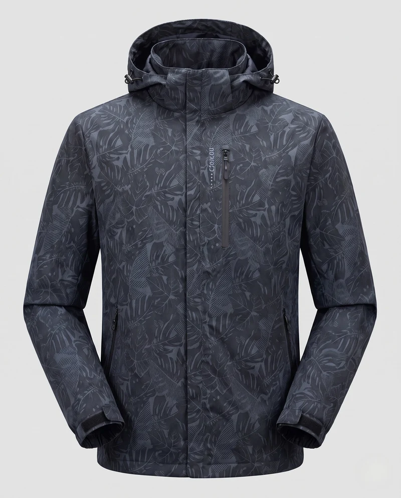 Herren Leichte Hoodie-Jacke mit subtilem Blattdruck und winddichter Softshell-Außenschicht Nord Taschen