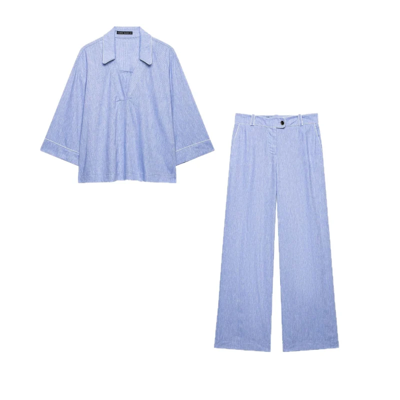 Damen Leichtes Leinenoptik-Zweiteiler mit oversized Hemdoberteil und Highwaist Wide‑Leg Hose Nord Taschen