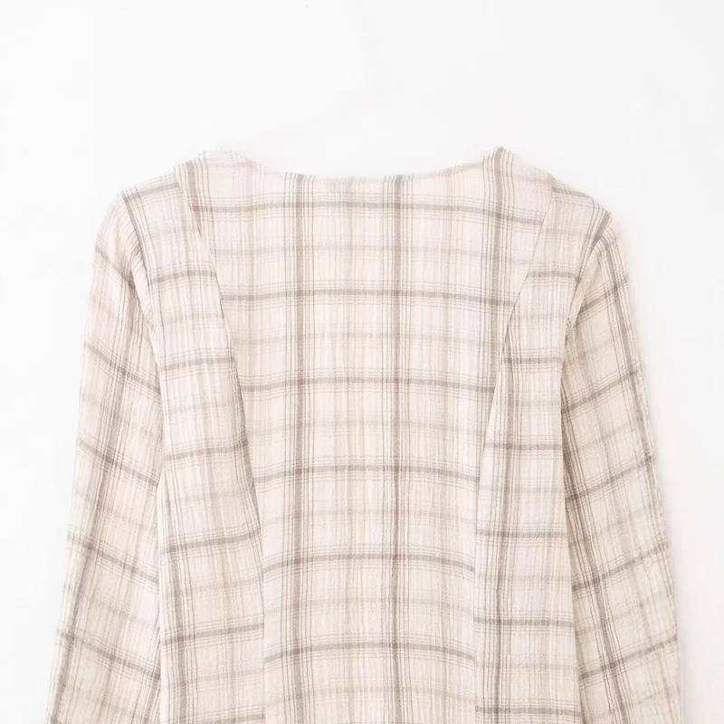 Damen Leichtes kariertes Sommerkleid mit tiefem V-Ausschnitt und Glockenärmeln Nord Taschen