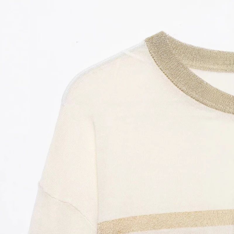 Damen Leichter gestreifter Feinstrickpullover mit metallischem Lurex‑Streifen und Rundhals Nord Taschen