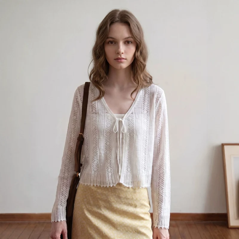 Damen Leichter gehäkelter Kurzcardigan mit V‑Ausschnitt, Bindeband und Ajourmuster Nord Taschen