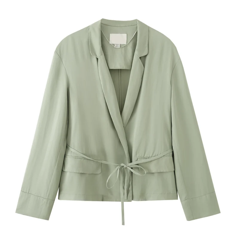 Damen Leichter Cropped Blazer mit Bindegürtel und Schalkragen Nord Taschen