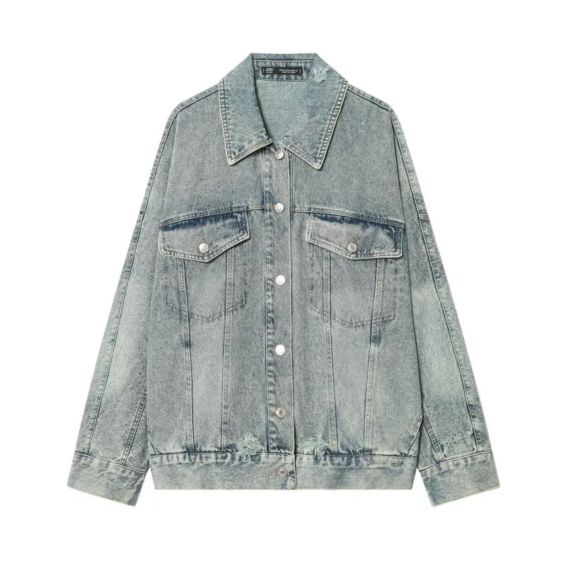 Damen Oversized Jeansjacke im Vintage‑Washed‑Look mit Brustklappentaschen Nord Taschen