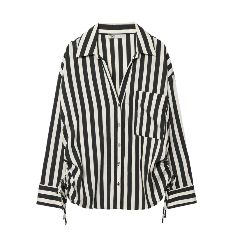Damen Oversized Hemdbluse mit vertikalem Streifenmuster und Seitenschnürung Nord Taschen