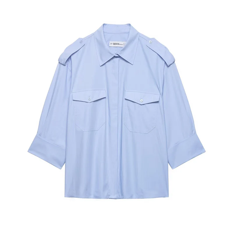 Damen Oversized Hemdbluse mit Epauletten und aufgesetzten Brusttaschen Nord Taschen