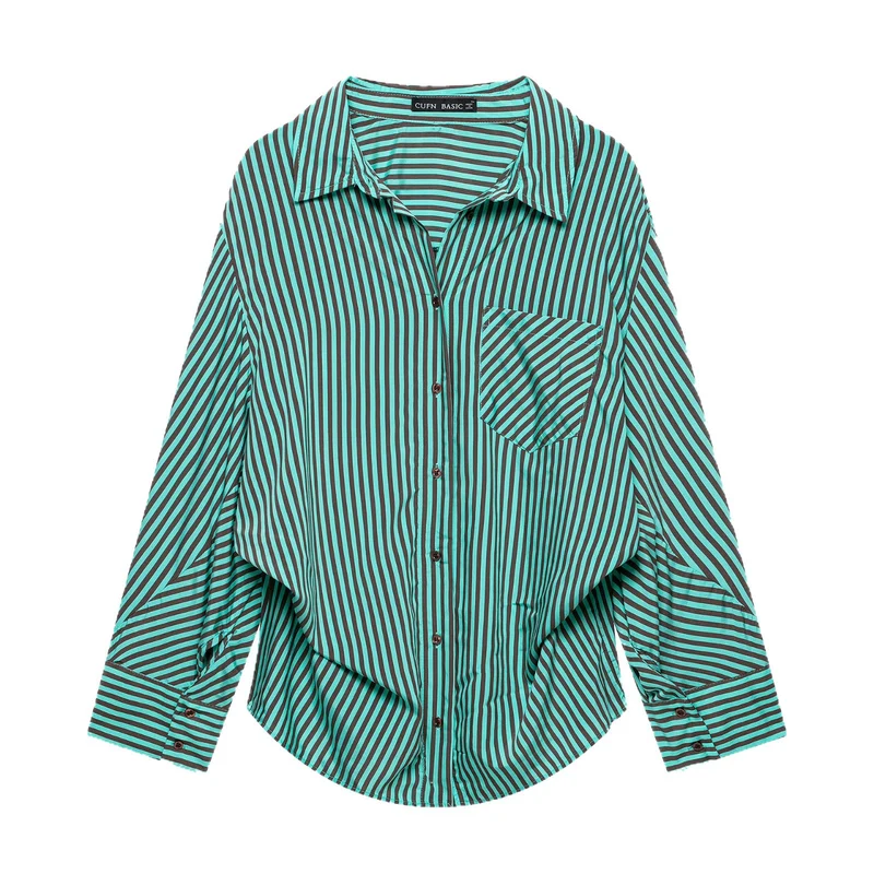 Damen Oversized-Hemdbluse mit diagonalen Streifen, Brusttasche und Rundsaum Nord Taschen