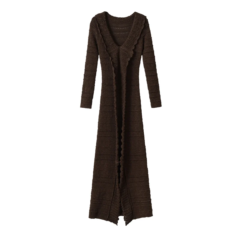 Damen Langer gehäkelter Cardigan mit geschwungenem Schalkragen Nord Taschen