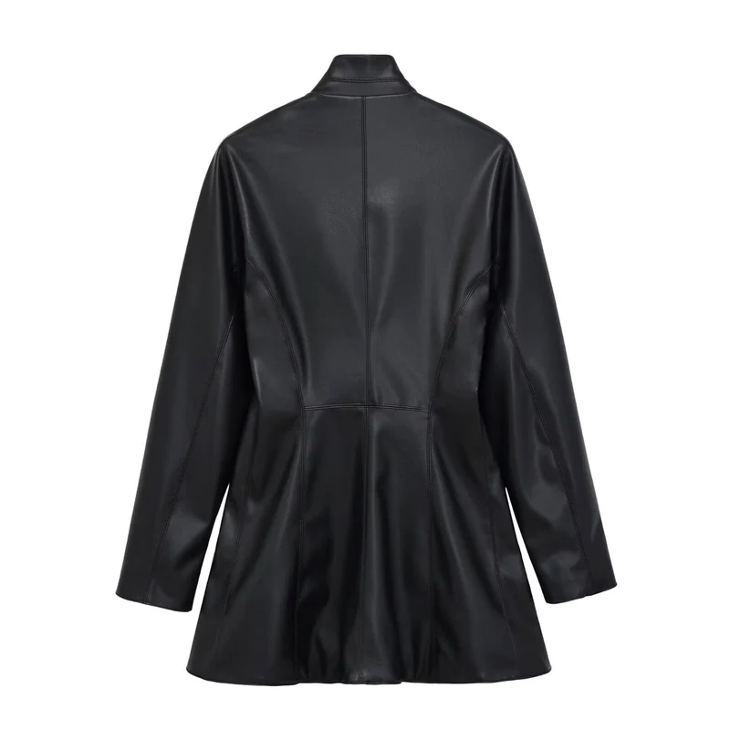Damen Langer doppeltreihiger Blazer‑Mantel aus veganer Lederoptik mit Schalkragen Nord Taschen