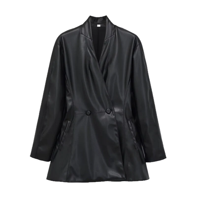 Damen Langer doppeltreihiger Blazer‑Mantel aus veganer Lederoptik mit Schalkragen Nord Taschen