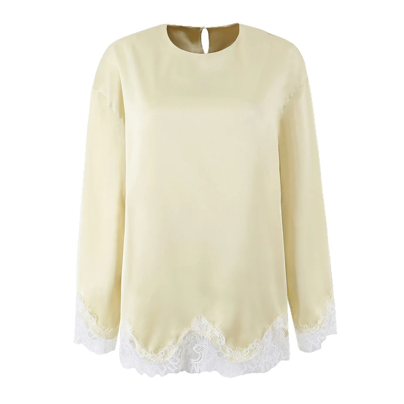 Damen Seidiges Langarmshirt mit Spitzenbesatz am Saum und Manschetten Nord Taschen
