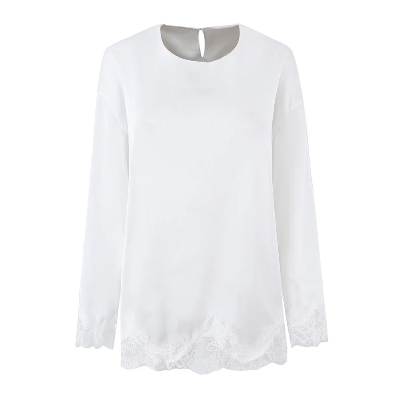 Damen Seidiges Langarmshirt mit Spitzenbesatz am Saum und Manschetten Nord Taschen