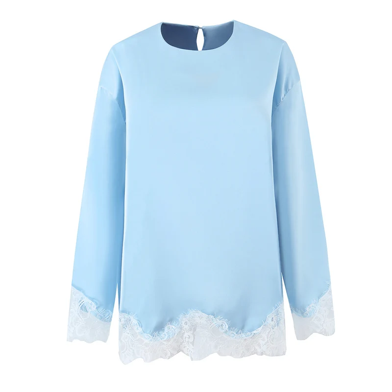 Damen Seidiges Langarmshirt mit Spitzenbesatz am Saum und Manschetten Nord Taschen