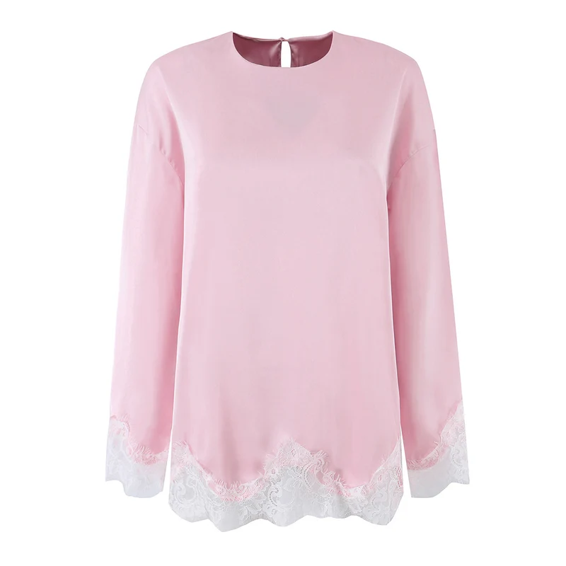 Damen Seidiges Langarmshirt mit Spitzenbesatz am Saum und Manschetten Nord Taschen
