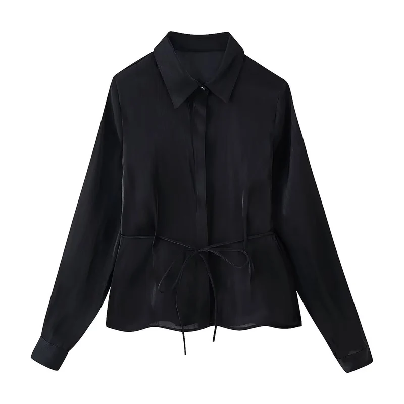 Damen Seidige Hemdbluse mit Taillenband und verdeckter Knopfleiste Nord Taschen