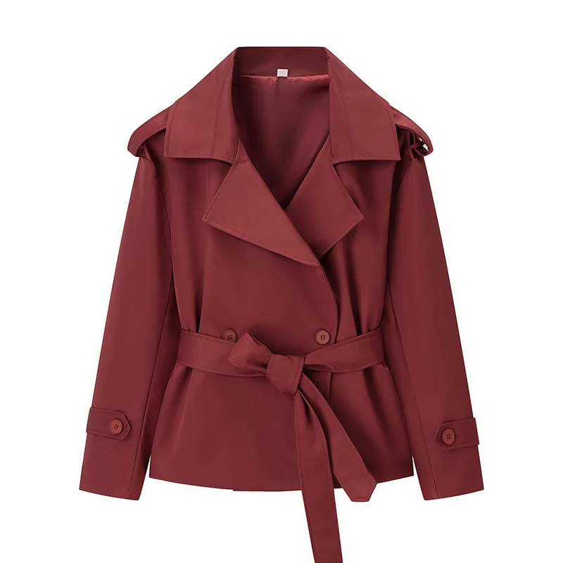 Damen Taillierter kurzer Trenchcoat mit Bindegürtel und Epauletten Nord Taschen