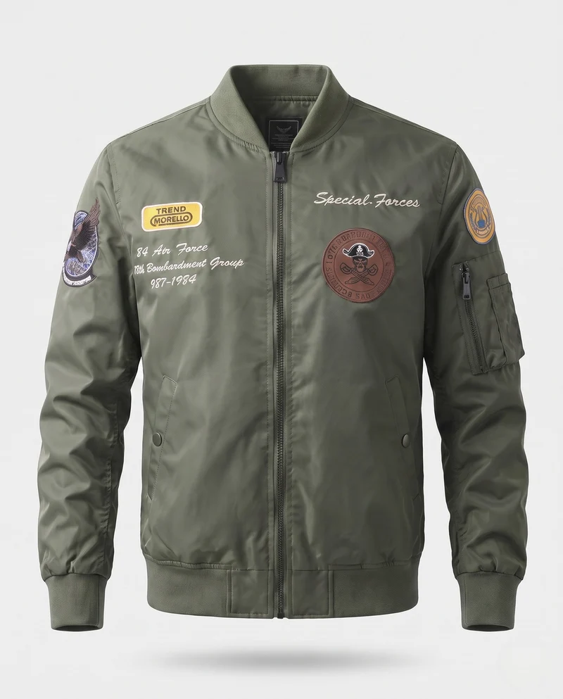 Herren gepolsterte Bomberjacke im Pilotenstil mit bestickten Patches und Armtasche Nord Taschen