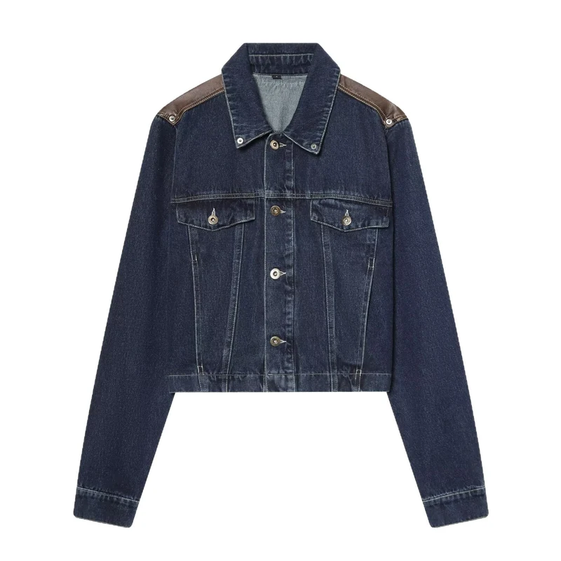 Herren Cropped-Boxy-Jeansjacke mit Lederbesatz an den Schultern Nord Taschen