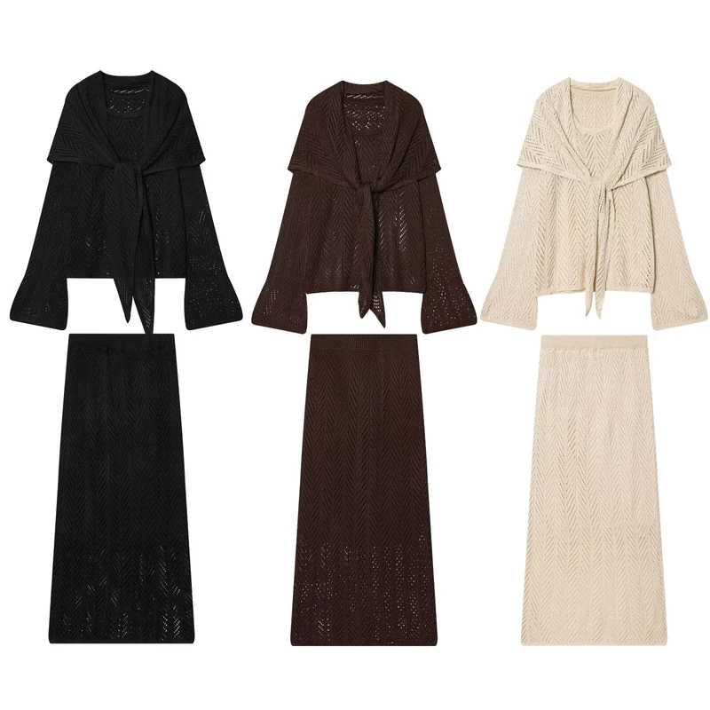 Damen Zweiteiliges Strick-Set mit Wickelcardigan und Midirock Nord Taschen