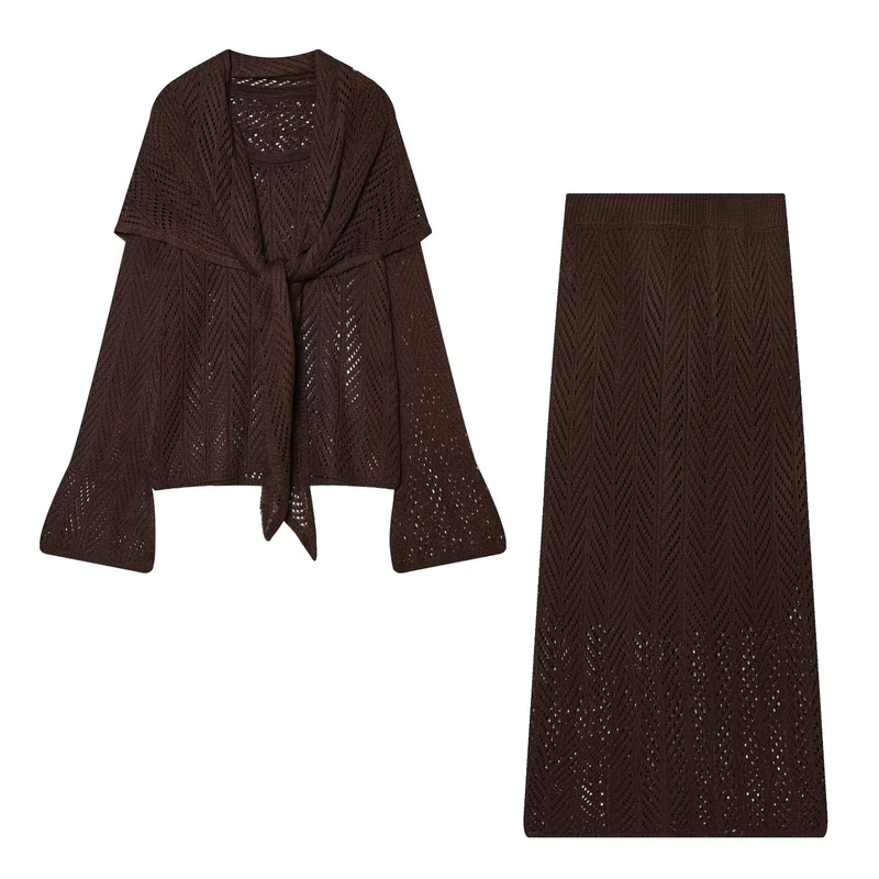 Damen Zweiteiliges Strick-Set mit Wickelcardigan und Midirock Nord Taschen