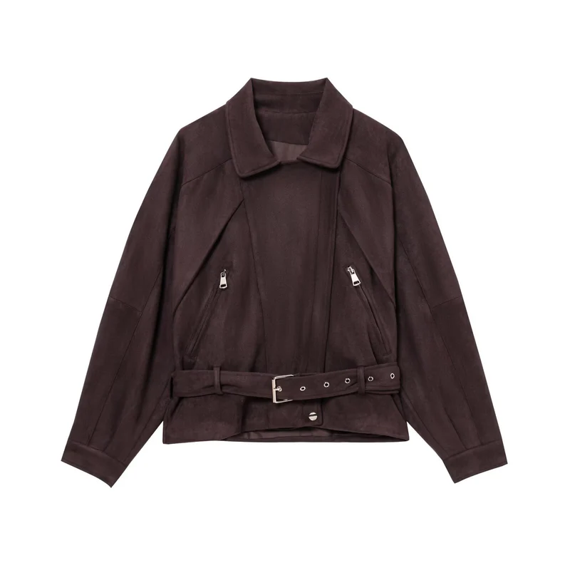 Damen Kurzjacke aus Veloursimitat mit Taillengürtel, kastigem Schnitt und Reißverschlusstaschen Nord Taschen