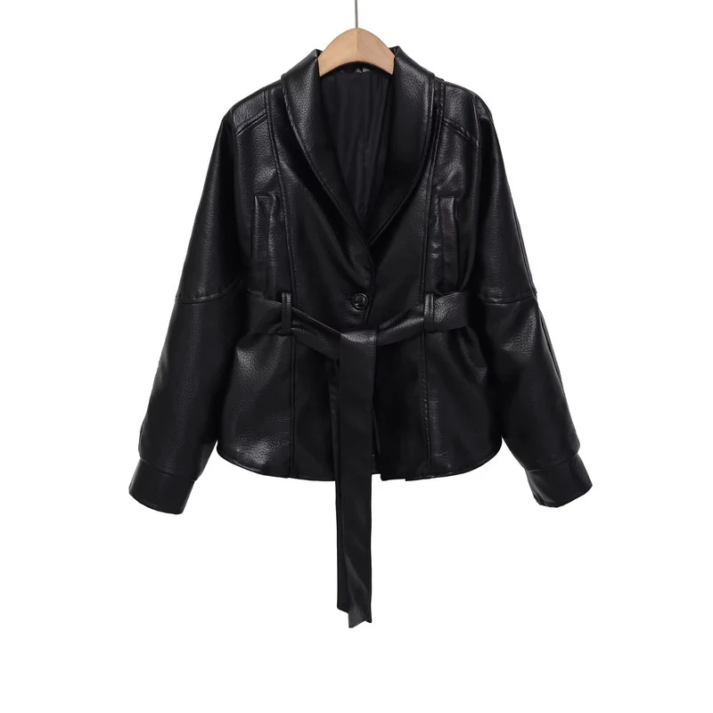 Damen Kurzjacke aus veganer Lederoptik mit Taillengürtel und Schalkragen Nord Taschen