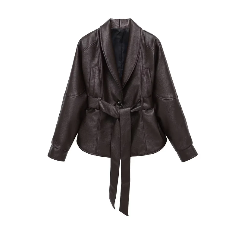 Damen Kurzjacke aus veganer Lederoptik mit Taillengürtel und Schalkragen Nord Taschen