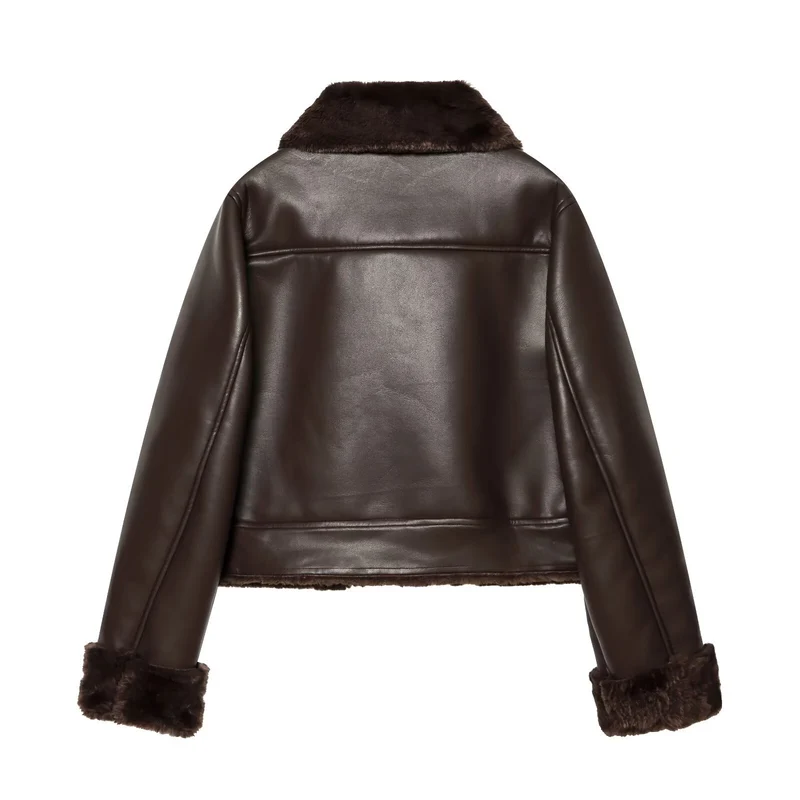 Damen Kurzjacke aus Lederoptik mit Teddy-Futter, aufgesetzten Taschen und Umlegekragen Nord Taschen