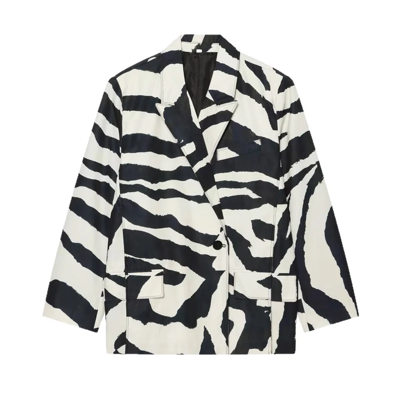 Damen Oversize-Blazer im Zebra-Print mit Reverskragen und Pattentaschen Nord Taschen