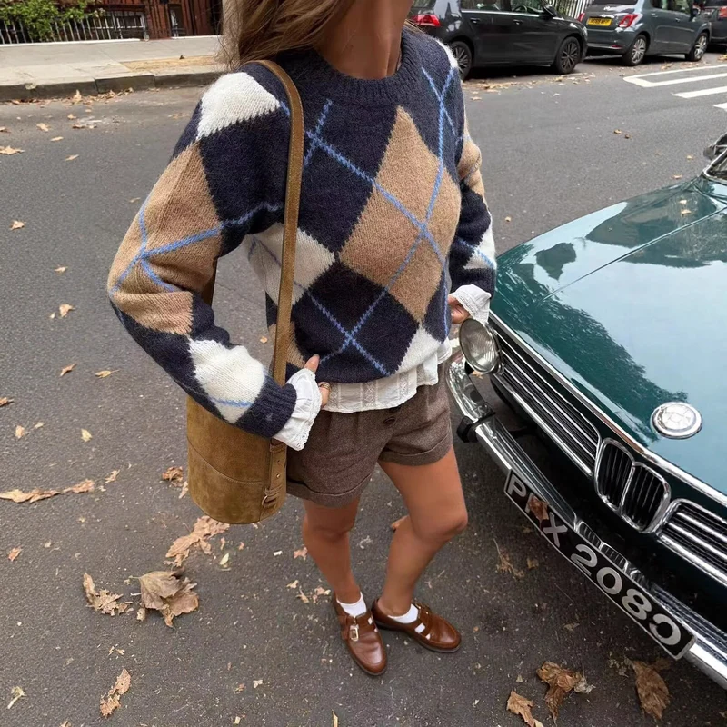 Damen Oversize‑Argyle‑Strickpullover mit Rundhals, überschnittenen Schultern und Rippbündchen Nord Taschen