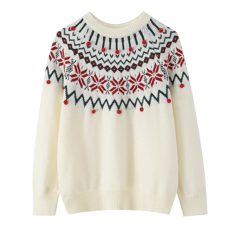 Damen Norwegermuster-Strickpullover mit Rundhalsausschnitt und dreidimensionalen Pompons Nord Taschen