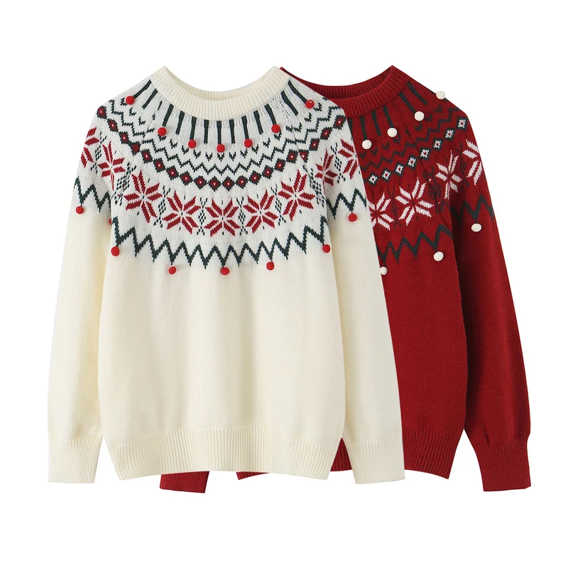Damen Norwegermuster-Strickpullover mit Rundhalsausschnitt und dreidimensionalen Pompons Nord Taschen