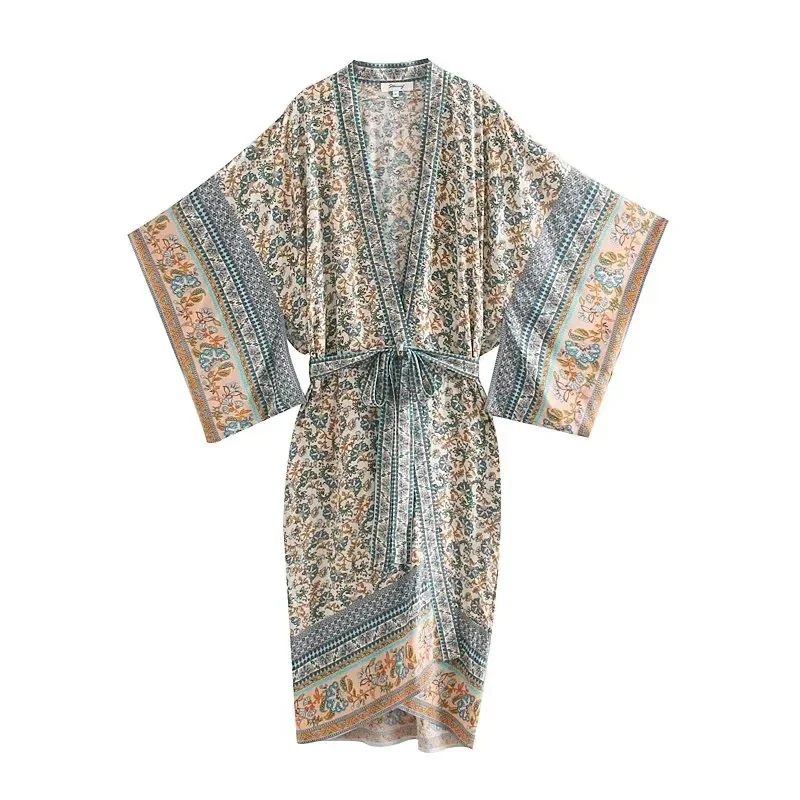 Damen Leichter Boho-Kimono-Bademantel mit Gürtel und floralem Allover-Print Nord Taschen