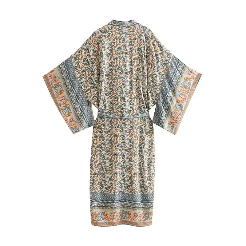 Damen Leichter Boho-Kimono-Bademantel mit Gürtel und floralem Allover-Print Nord Taschen