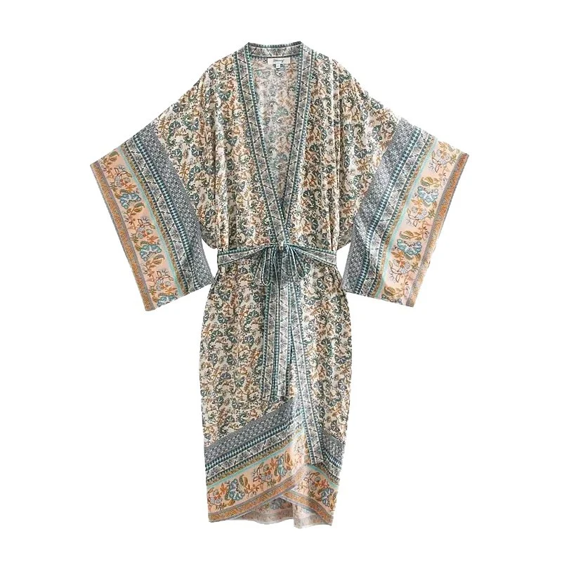 Damen Leichter Boho-Kimono-Bademantel mit Gürtel und floralem Allover-Print Nord Taschen