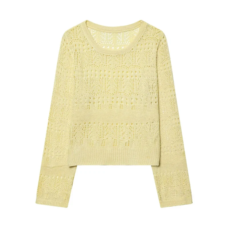 Damen Leichter Ajourstrick-Pullover mit Rundhalsausschnitt und Boxy-Cropped-Schnitt Nord Taschen