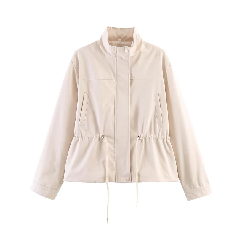 Damen Leichte Windbreaker-Übergangsjacke mit Tunnelzugtaillierung und Stehkragen Nord Taschen