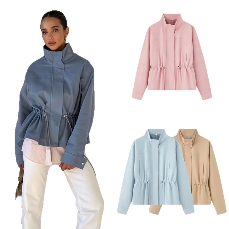Damen Leichte Übergangsjacke mit Tunnelzug-Taillierung und Stehkragen Nord Taschen