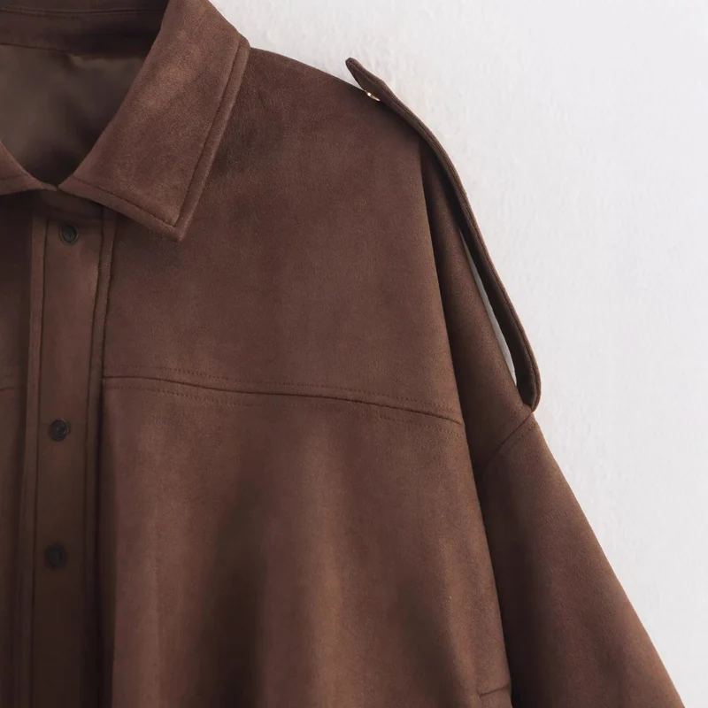 Damen Oversized Cropped Jacke in Wildlederoptik mit Cut-Out-Schultern und Tunnelzugsaum Nord Taschen