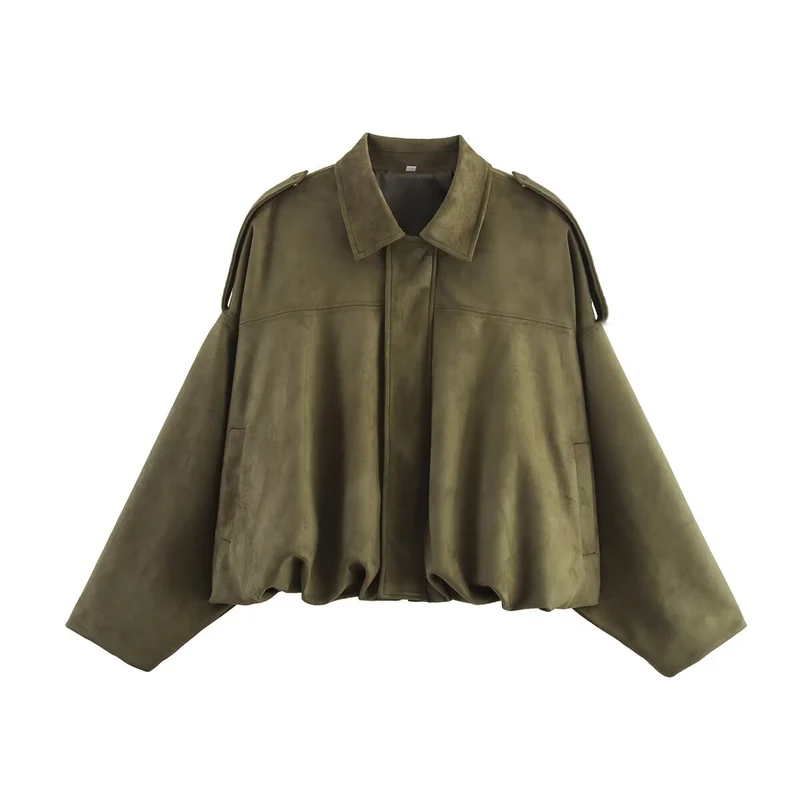 Damen Oversized Cropped Jacke in Wildlederoptik mit Cut-Out-Schultern und Tunnelzugsaum Nord Taschen