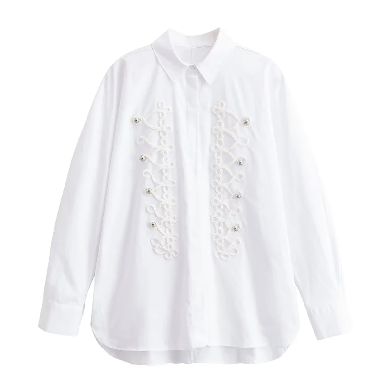 Damen Oversized-Bluse mit dekorativen Froschverschlüssen und Hemdkragen Nord Taschen