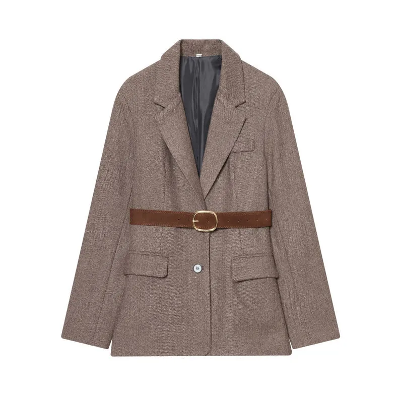 Damen Oversized Blazer-Mantel im Fischgrätmuster mit Taillengürtel Nord Taschen