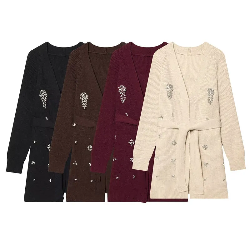 Damen Lange Strickjacke mit Bindegürtel und Schmuckstein-Applikation Nord Taschen
