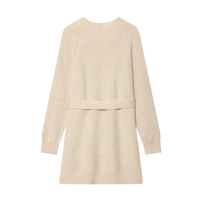 Damen Lange Strickjacke mit Bindegürtel und Schmuckstein-Applikation Nord Taschen