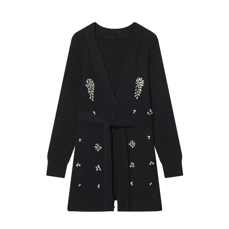Damen Lange Strickjacke mit Bindegürtel und Schmuckstein-Applikation Nord Taschen