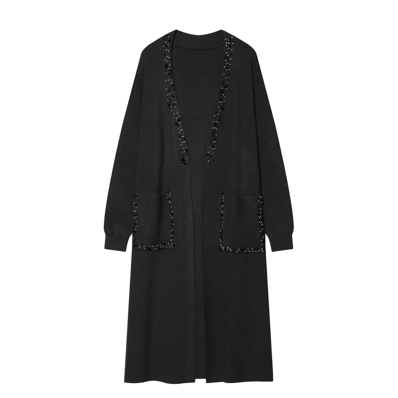 Damen lange offene Strickjacke mit Perlenbesatz und aufgesetzten Taschen Nord Taschen