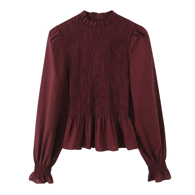 Damen Langärmlige Smockbluse mit Stehkragen und Volantsaum Nord Taschen