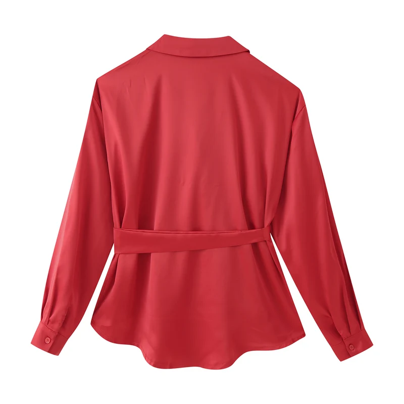 Damen Seidenglänzende Hemdbluse mit Bindegürtel und taillierendem Wickeldetail Nord Taschen