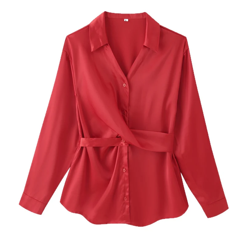 Damen Seidenglänzende Hemdbluse mit Bindegürtel und taillierendem Wickeldetail Nord Taschen