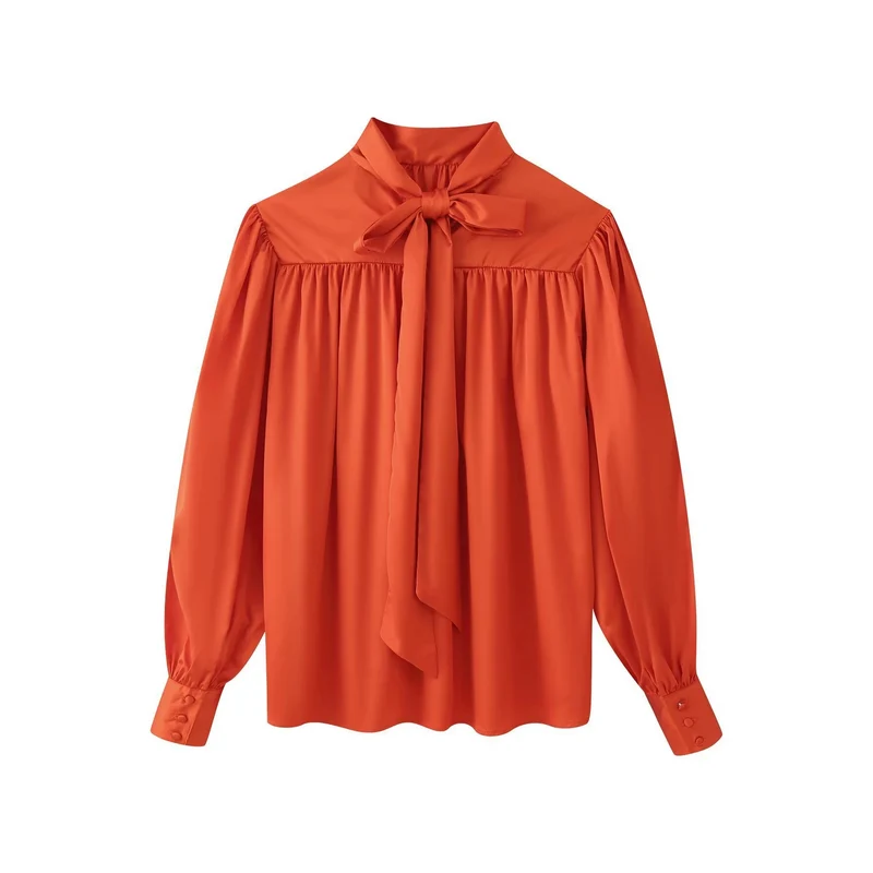 Damen Seidenähnliche Schluppebluse mit geraffter Schulterpasse und Ballonärmeln Nord Taschen