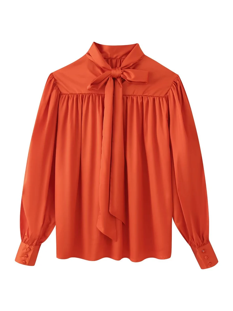 Damen Seidenähnliche Schluppebluse mit geraffter Schulterpasse und Ballonärmeln Nord Taschen